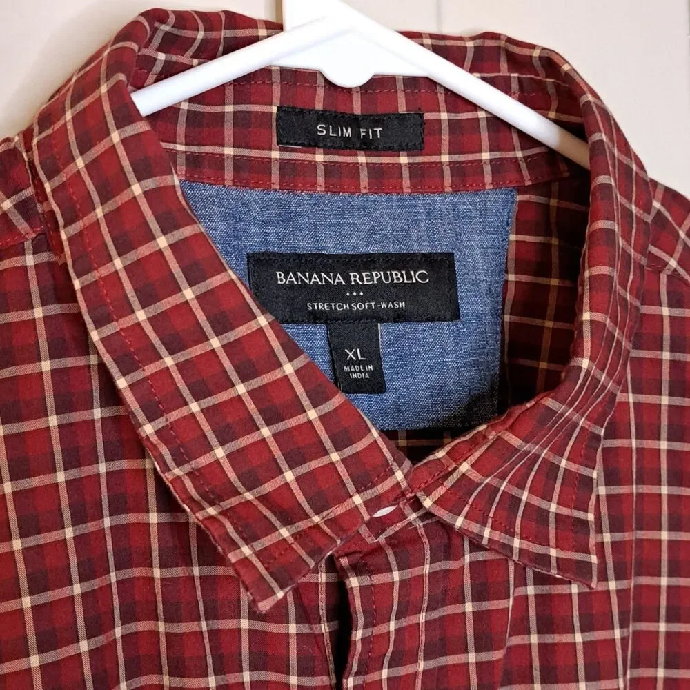 Banana Republic Mens Stretch Soft Wash Plaid Button Up Shirt Red XL 100% Cotton